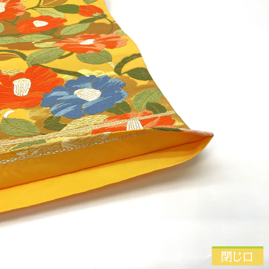 Formal, yellow-toned obi, pure silk, S-rank, Nishijin-ori (Karaori) weave, camellia pattern, length 424cm, six-pass, yellow, 1123017062323