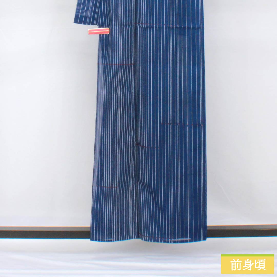 夏物 ポリエステル 小紋 身丈158cm 裄丈63.5cm 紺瑠璃色（こんるりいろ） 縞 線調子 洗える着物 絽 Aランク 青系 1132001963317