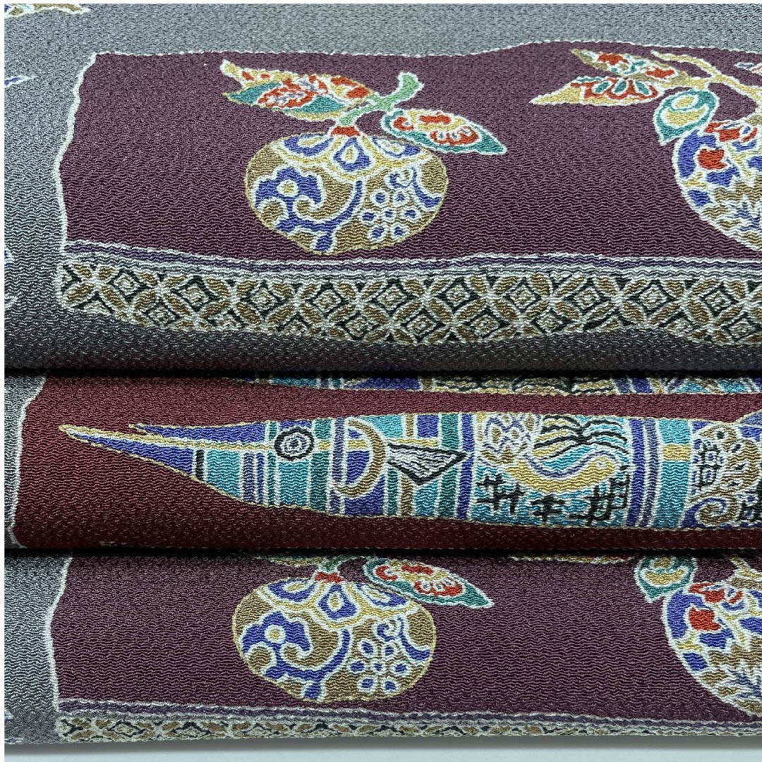 名古屋帯 藍生壁色 魚 野菜 更紗 帯丈375cm 正絹 Sランク 全通 カジュアル グレー系 1124004962322  名古屋仕立て