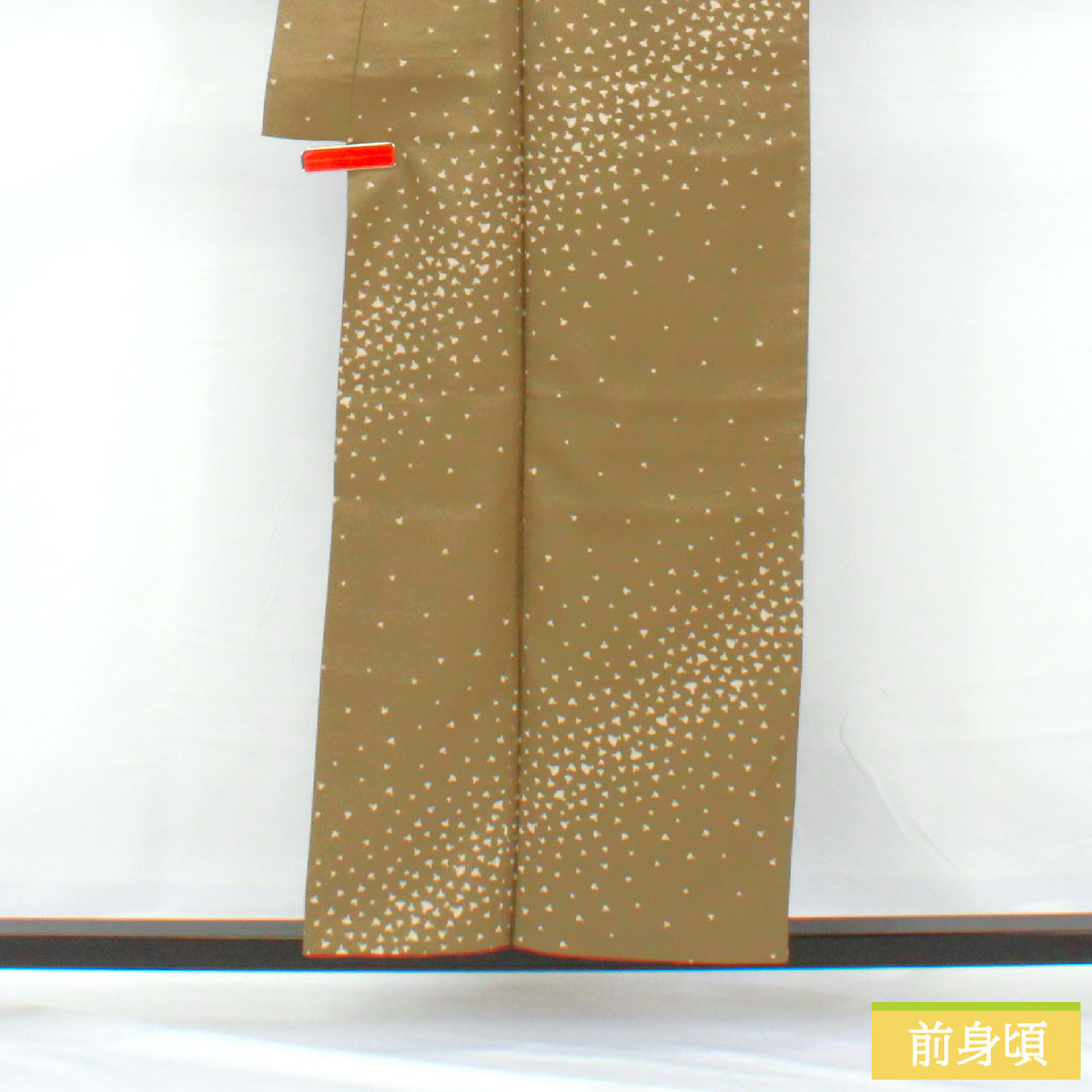 Small pattern, polyester, length 156cm, sleeve length 66.5cm, lined, antique brown, washable kimono, fan, S rank, green, 1115004602319