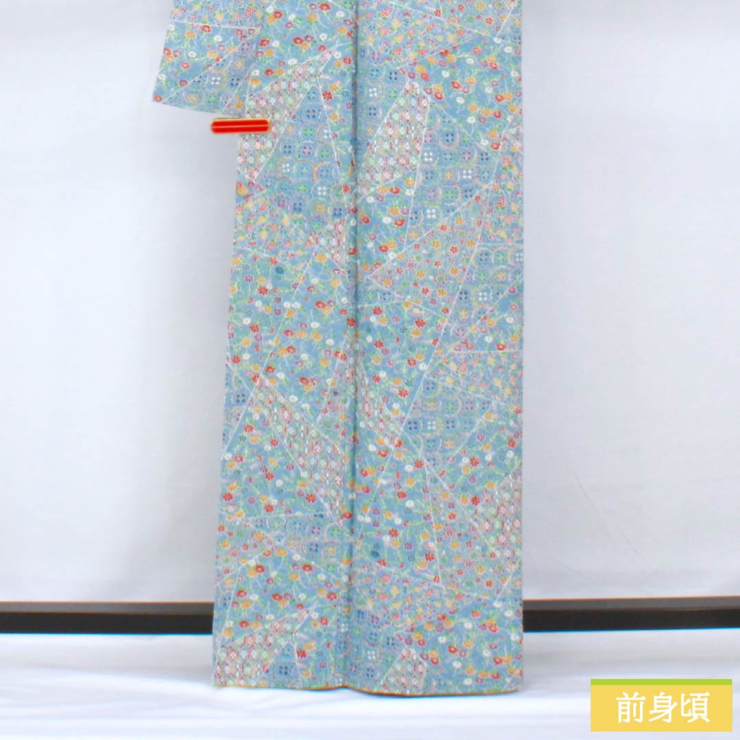 小紋 正絹 身丈164cm 裄丈63.5cm 袷 空色（そらいろ） 型染 割付 しつけ糸付き Sランク 水色系 1115005832424
