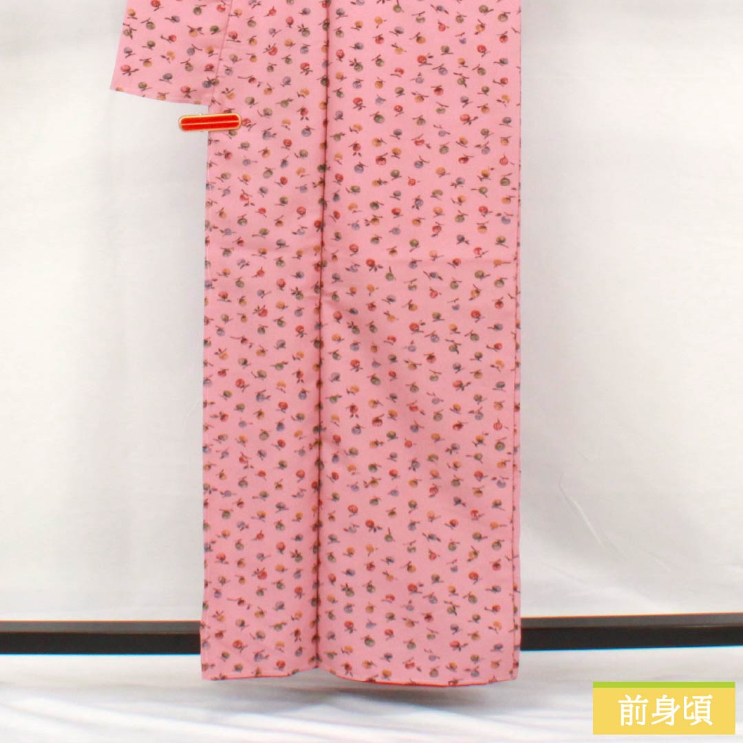 Small pattern, polyester, length 160cm, sleeve length 67cm, lined, one-kin dyeing, stencil dyeing, washable kimono, fruit, with basting thread, S rank, pink, 1115005022413