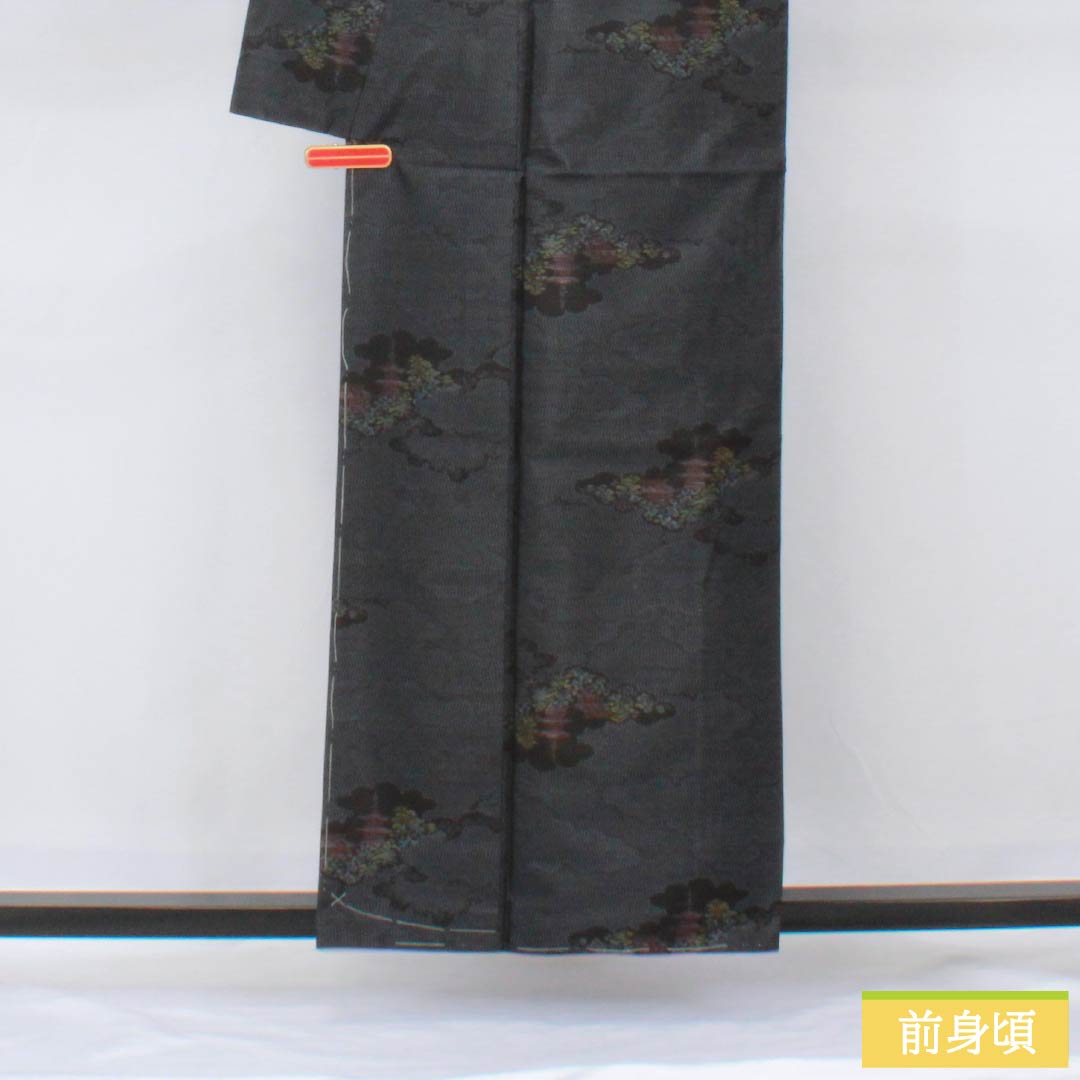 Silk Tsumugi Kimono, S-Rank, Length 158cm, Sleeve Length 62cm, Oshima Tsumugi, Double Kasuri Pattern, Cloud Pattern, Landscape Design, Lined, Black, 1116004052310