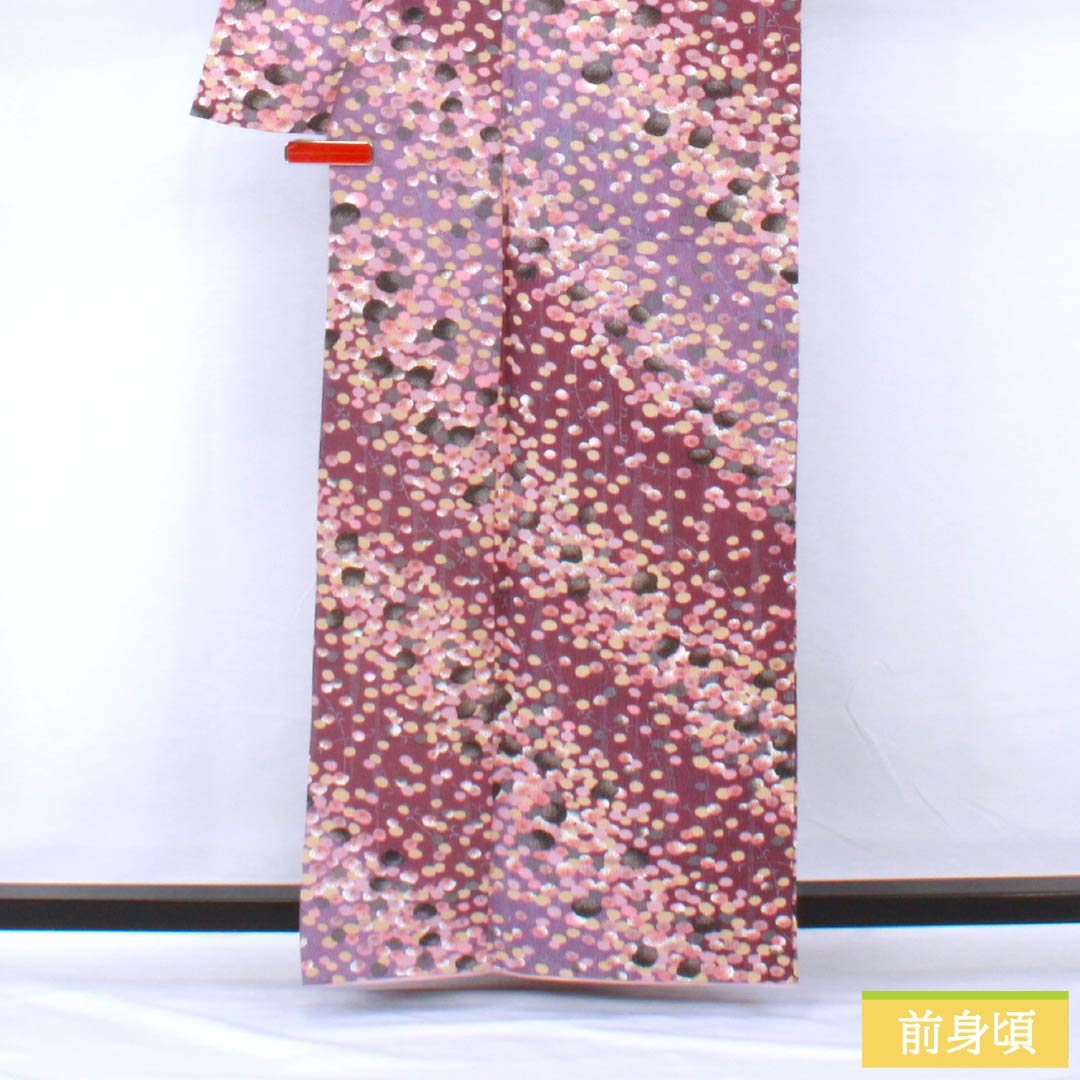 小紋 ポリエステル 身丈161.5cm 裄丈66cm 袷 蒲萄色（えびいろ） 古代紫色（こだいむらさきいろ） 型染 抽象柄 洗える着物 Aランク 紫系 1115005543420