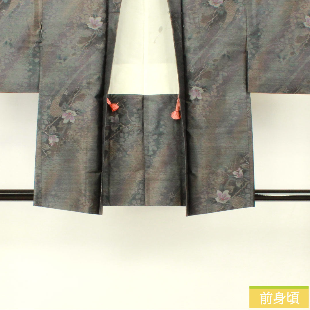 Haori, pure silk, length 80.5cm, sleeve length 63cm, Oshima Tsumugi, weft-total kasuri, floral pattern, S rank, lined, gray, 1117001172922