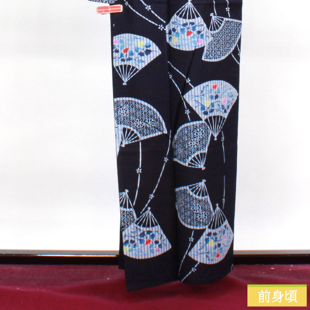 Yukata Cotton Length 160cm Sleeve length 65.5cm S rank Single layer Navy blue Folding fan Floral pattern 1118004522418