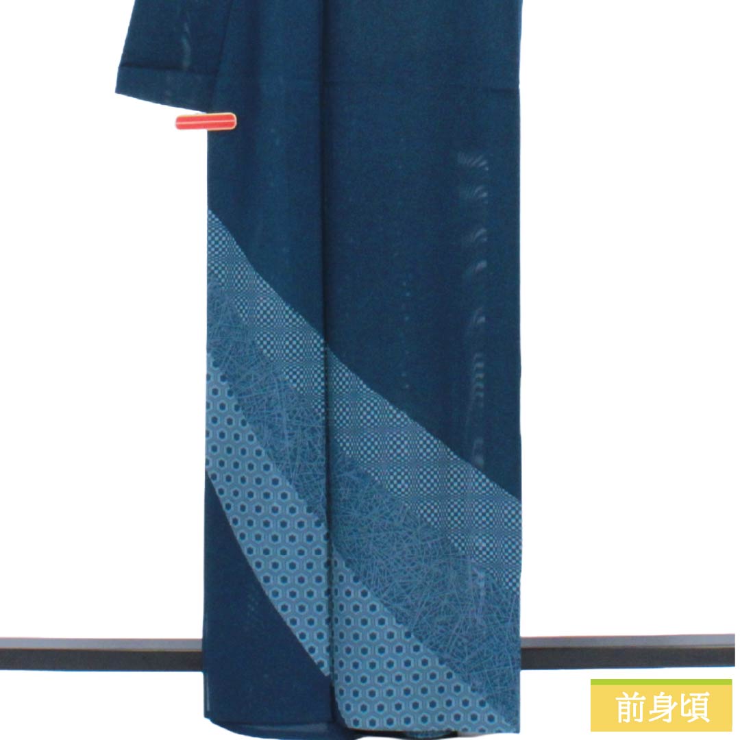 夏物 正絹 付下げ Aランク 身丈163.5cm 裄丈67.5cm 紺色（こんいろ） 型染 幾何学模様 健勝苑ガード 絽 紺系 1132005033418