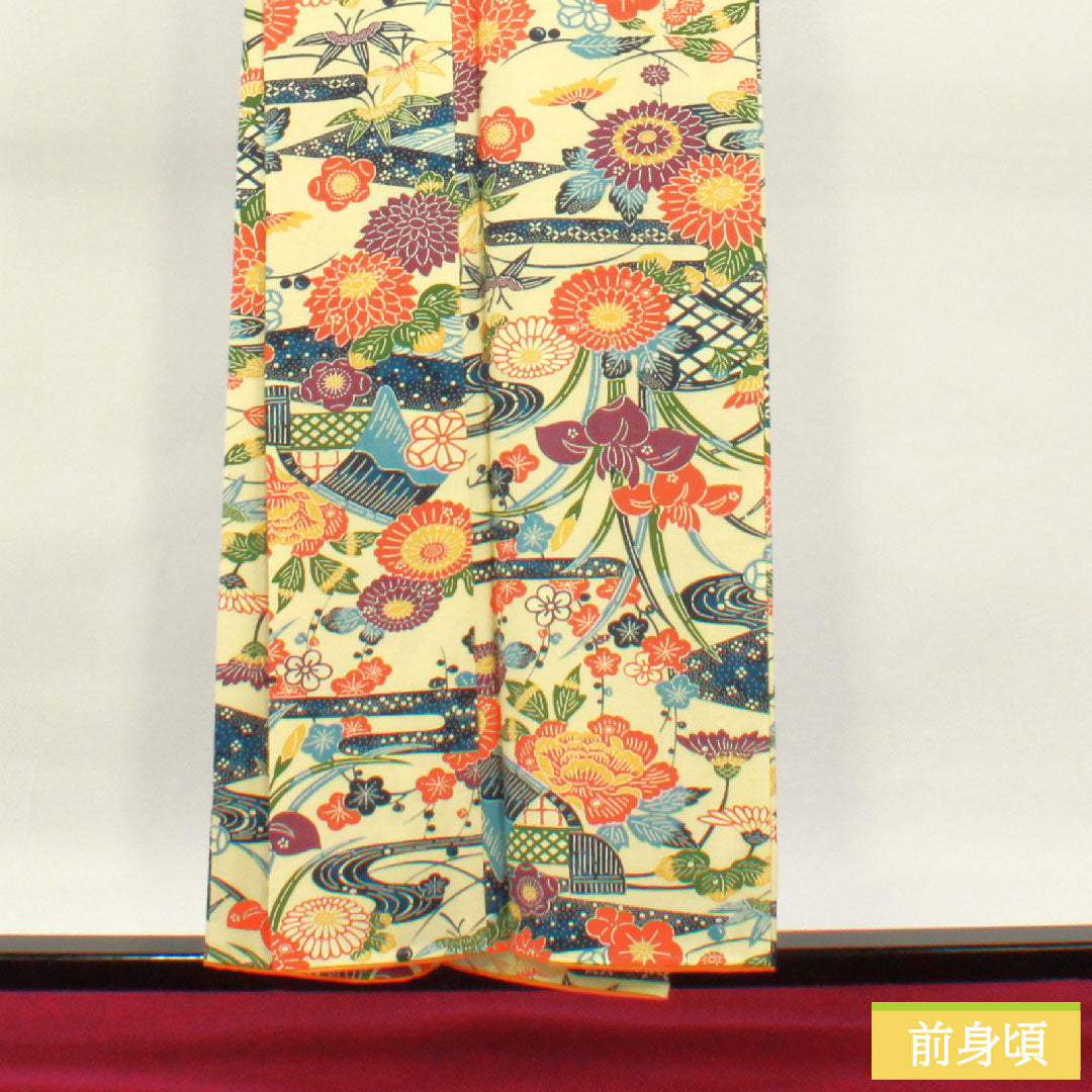 Komon, pure silk, length 155cm, sleeve length 62.5cm, lined, light yellow, Kyoto Bingata, pongee fabric, floral pattern, S rank, cream, 1115004352315