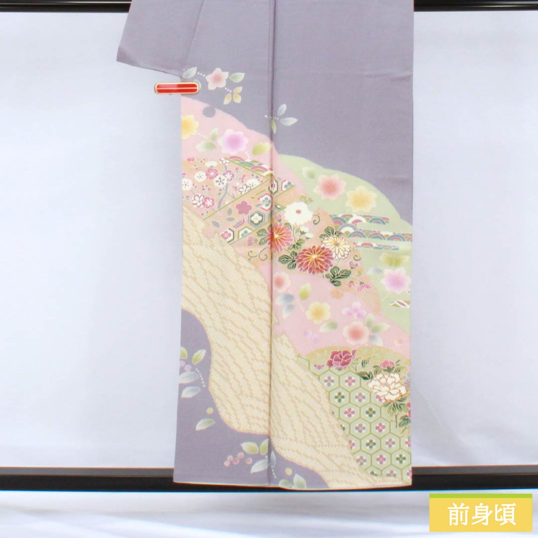 Visiting Kimono, Pure Silk, S Rank, Lined, Length 155cm, Sleeve Length 66cm, Light Gray (Usunezuiro) and Noble Gray (Kizoku Nezuiro) with Kyoto Yuzen Pattern and Floral Design, Gray Tones, Product Number: 1112006312322