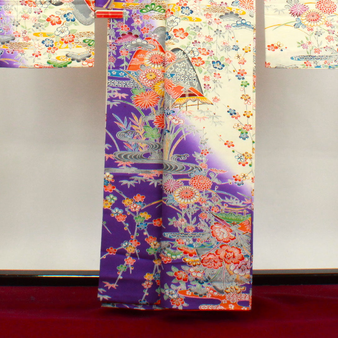 振袖 身丈162cm 裄丈65cm 袷  京紅型 松竹梅 菊 風景模様  正絹 Sランク 白系 1113001632411
