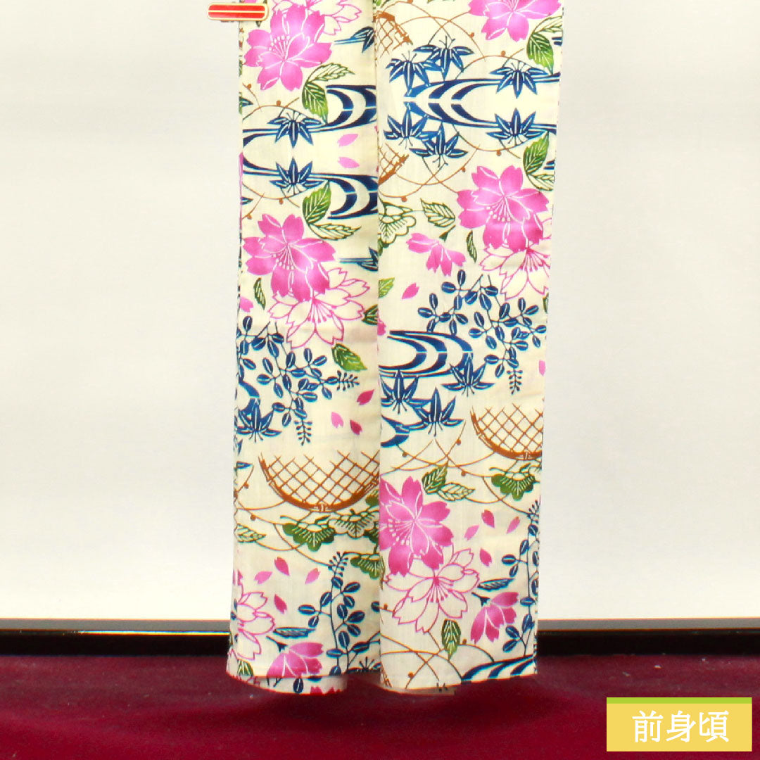 浴衣 綿麻 身丈159cm 裄丈66cm Sランク 単衣 白系 乳白色（にゅうはくしょく） 源氏物語 型染 桜 1118004782311