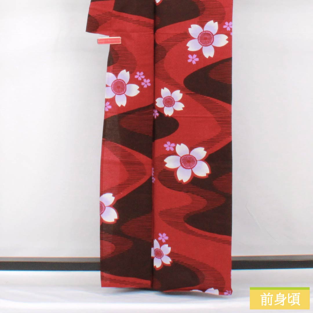 浴衣 木綿 身丈164cm 裄丈65cm Sランク 単衣 赤系 真紅色（しんくいろ） 流水 桜 1118005292412