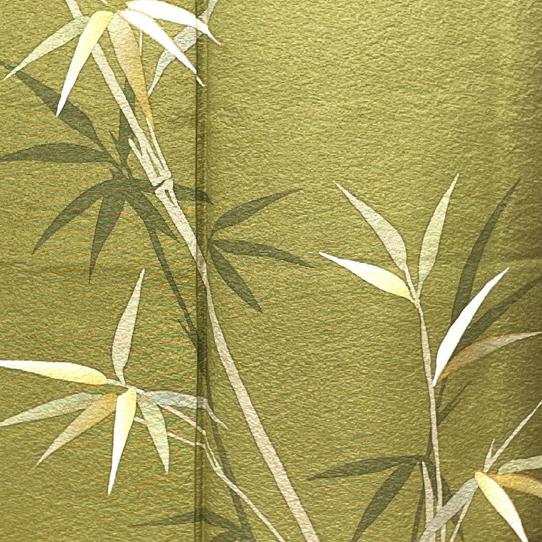 Homongi, lined, length 160.5cm, sleeve length 64cm, unused, with basting thread, dried grass color, Kyoto Yuzen, bamboo grass, pure silk, S rank, green, 1112002272419