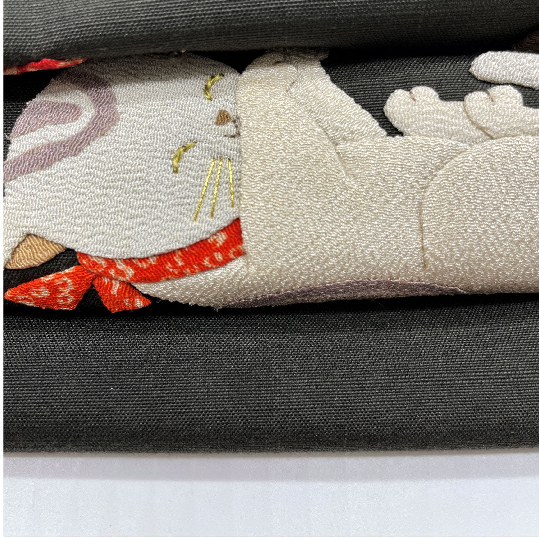 Nagoya obi, black, cat, Japanese pattern, obi length 362.5cm, pure silk, B rank, point pattern, casual, black, 1124002774310, Nagoya style