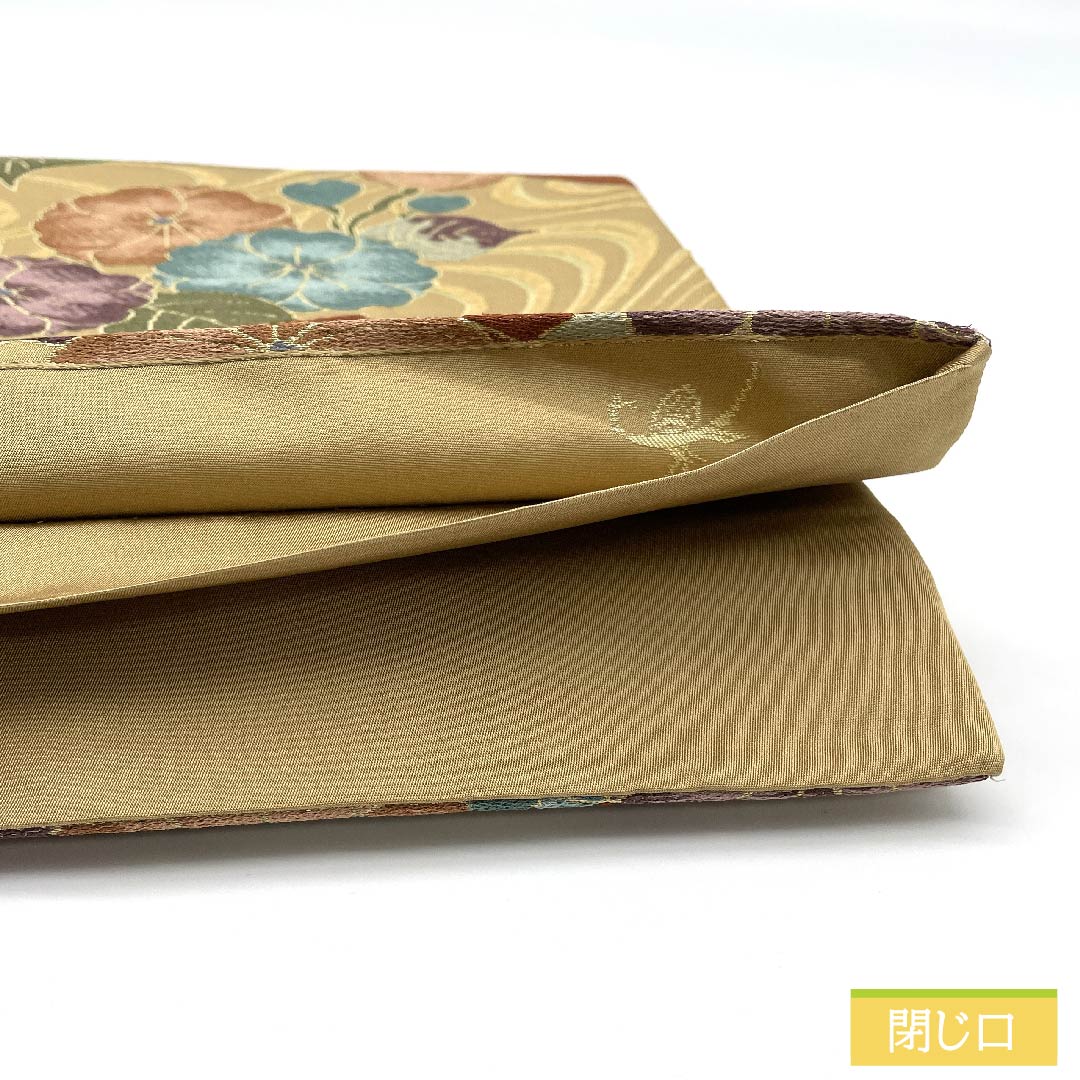 Fukuro Obi, pure silk, Yamabuki Nezuiro (Yamabuki gray), maple leaves, Shirayaen Oba, classic pattern, floral pattern, obi length 433cm, S rank, six-pass, formal, beige, 1123011322325