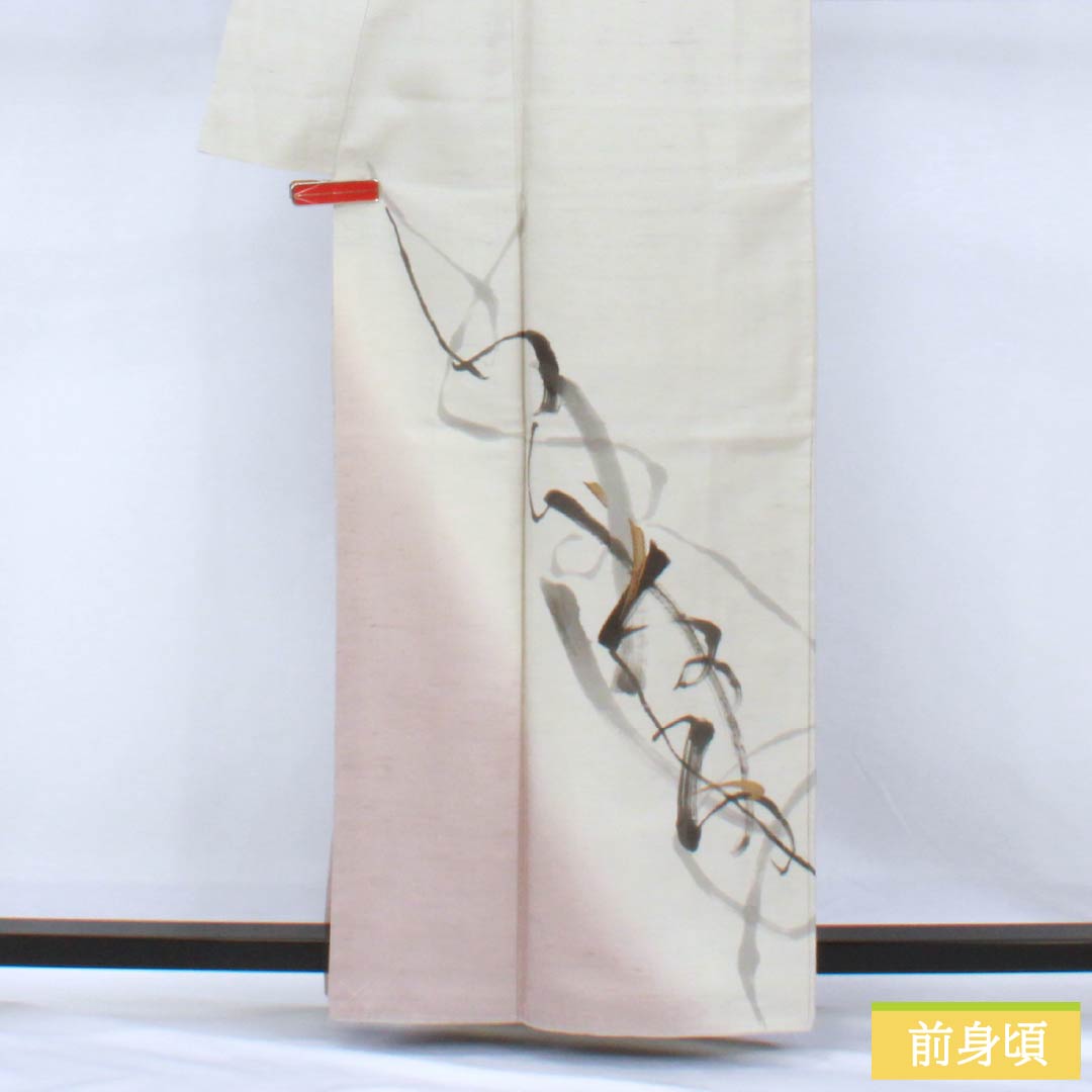 訪問着 正絹 Bランク 袷 身丈161.5cm 裄丈63.5cm 灰白色（かいはくしょく） 牛首紬 抽象模様 純一郎 作家物 しつけ糸付き グレー系 1112006994422