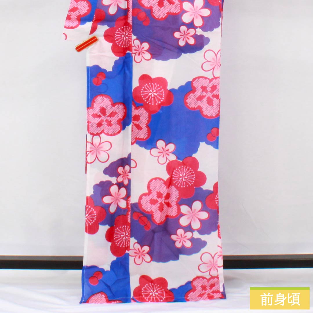 (Brand new, unused) Yukata (single-layer kimono) Polyester, Length 166cm, Sleeve Length 64cm, New Rank, White, Plum Blossom and Cloud Pattern, Product Number: 1118005681511