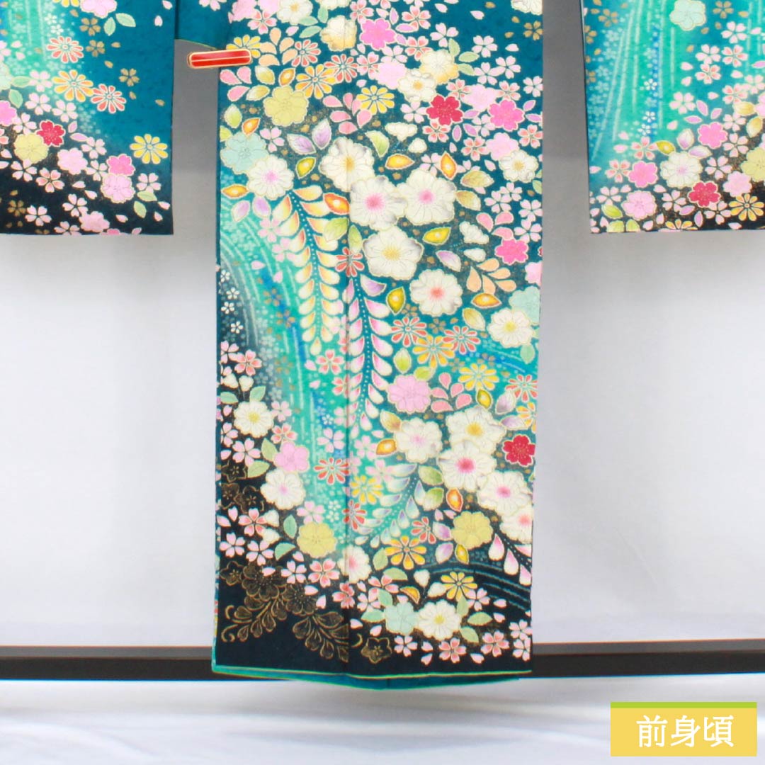 振袖 正絹 Sランク 身丈154cm 裄丈68cm 袷 孔雀青色（くじゃくあおいろ） 京友禅 銀通し 辻ヶ花 作家物 ハジックガード 青系 1113002732217