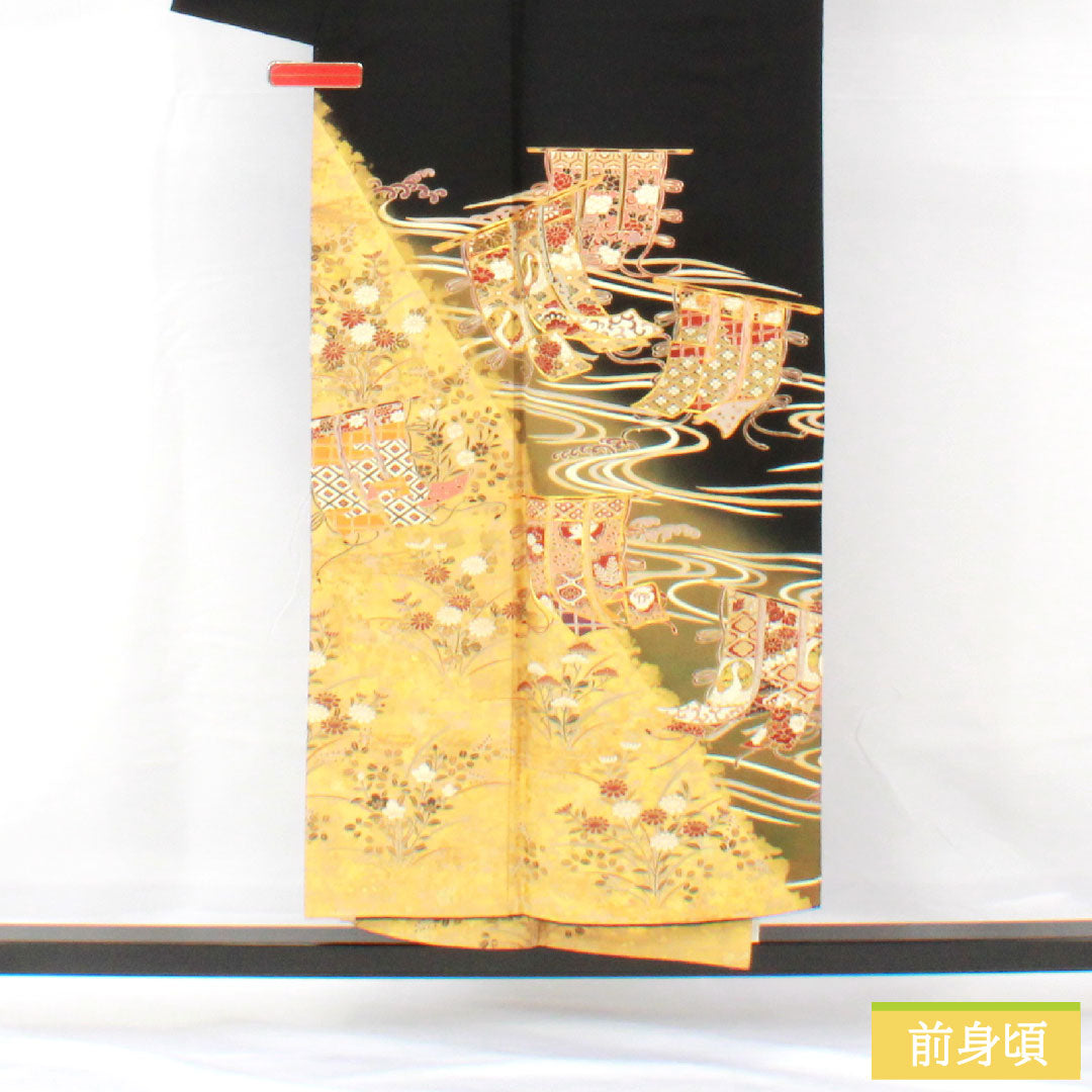 黒留袖 正絹 身丈150cm 裄丈64cm 袷 京友禅 几帳 流水 五つ紋 五三桐 Sランク 黒系 1111001742110