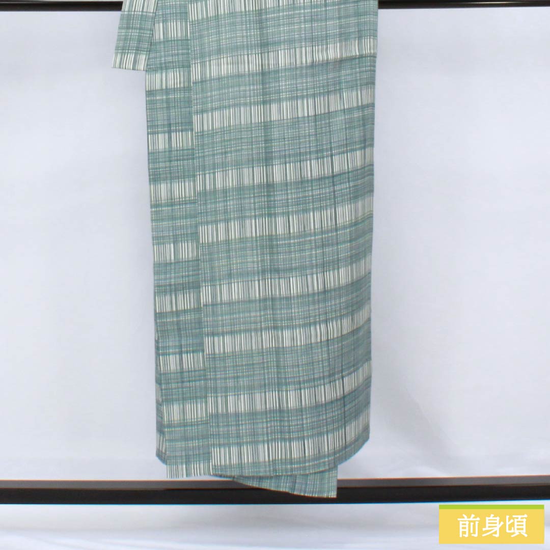 Men's Nagajuban (long under-kimono), pure silk, S-rank, length 151cm, sleeve length 69cm, indigo brown (aito-chairo) check pattern, single layer, light blue, 1140000632524