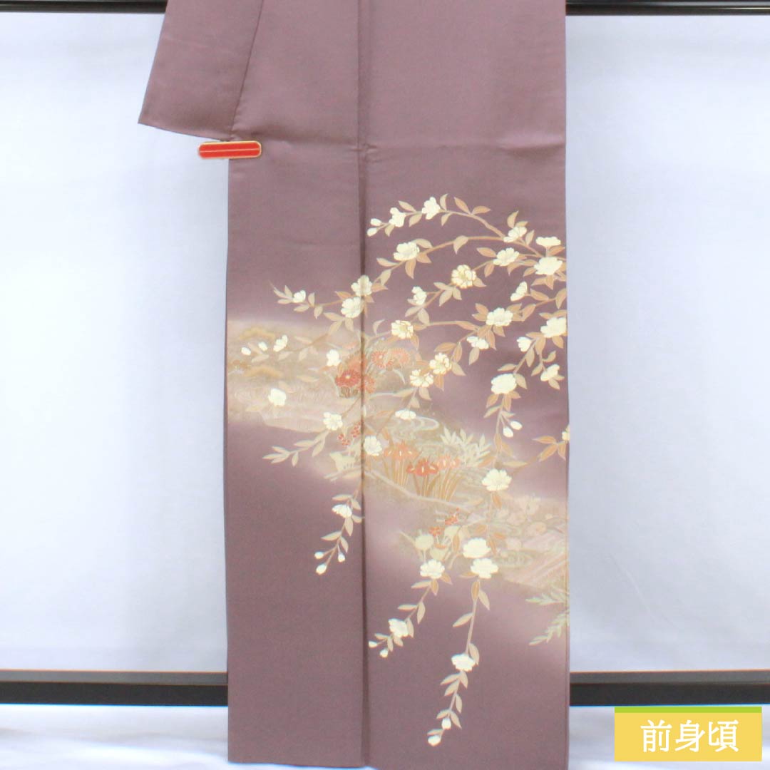 Formal kimono, pure silk, rank B, lined, length 164cm, sleeve to sleeve 64.5cm, reddish gray, Kyo-Yuzen, one crest, plants, purple tones, 1112007044420