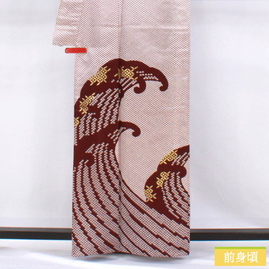 Homongi (visiting kimono), polyester, grade A, single layer, length 162cm, sleeve length 66.5cm, mokuranjiki (mokuran-jiki) pattern with wave design, shippo (cloisonne) pattern, with half-collar, washable, red, product number 1112006963412