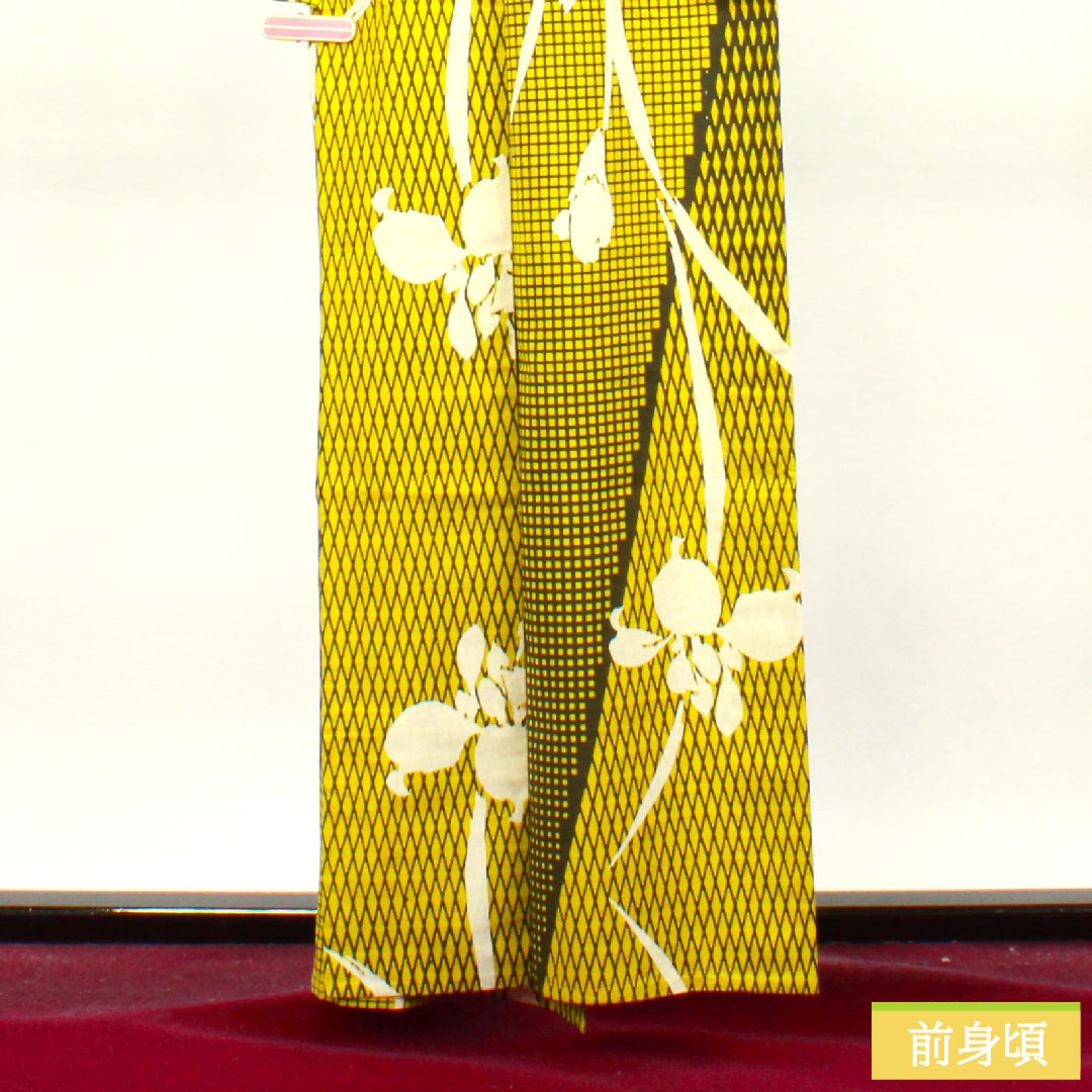 Yukata Cotton Length 160cm Sleeve length 67cm S rank Single layer Yellowish-colored Hiwairo Iris Geometric pattern 1118004792423