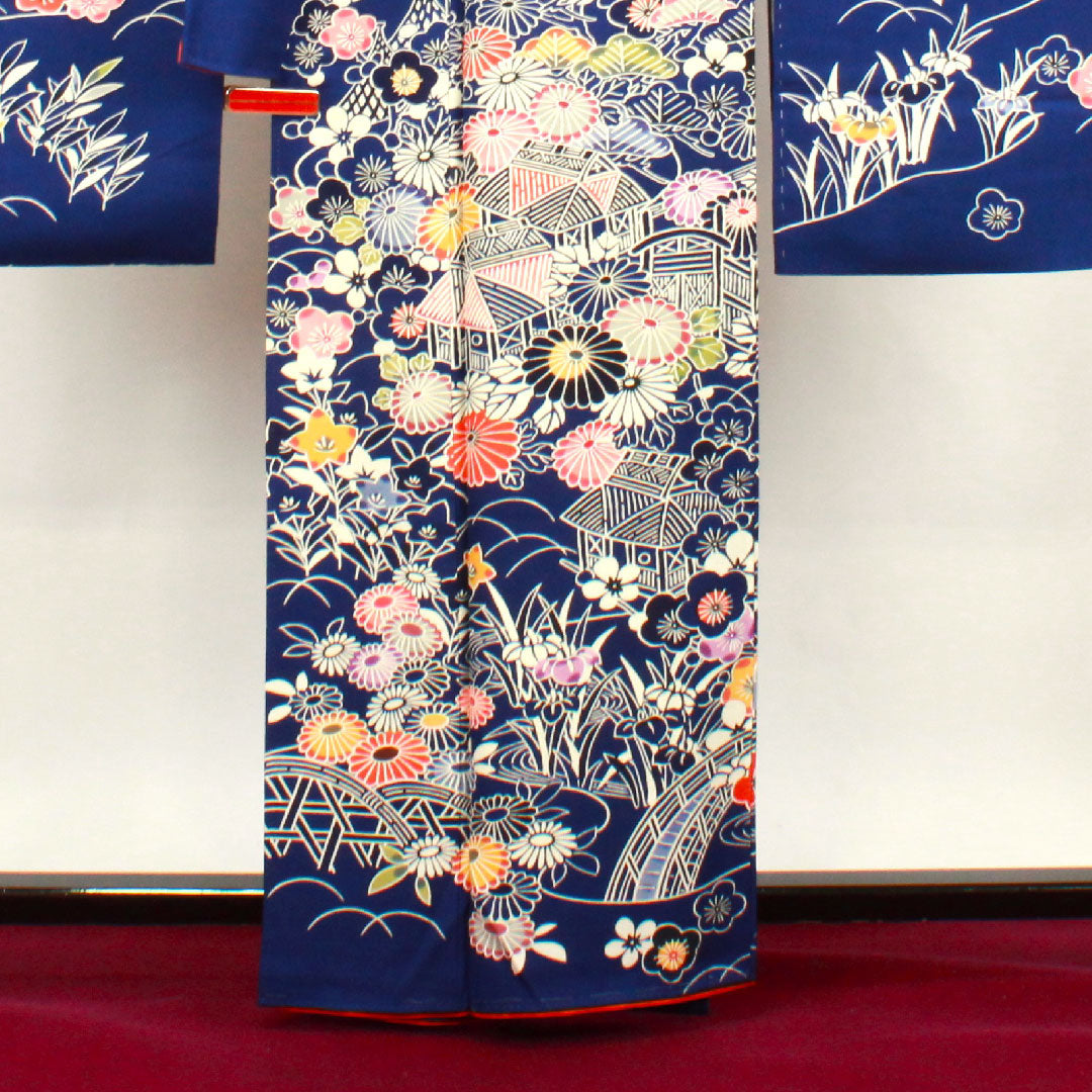 振袖 身丈161.5cm 裄丈64cm 袷  紺桔梗色 京紅型 松竹梅 菊 葵  正絹 Aランク 紺系 1113001593418