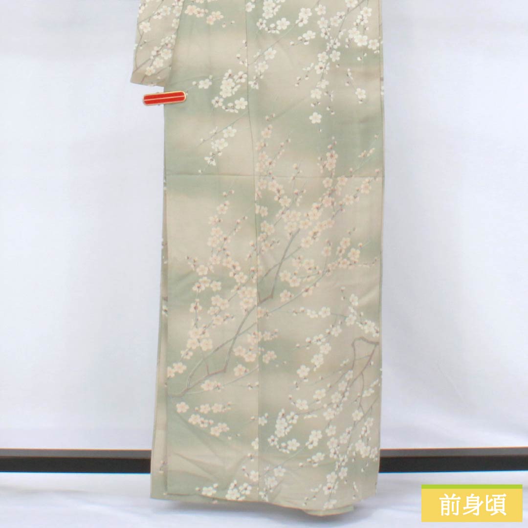 小紋 ポリエステル Sランク 身丈161cm 裄丈66cm 単衣 遠州鼠色（えんしゅうねずいろ） 型染 ぼかし染 桜 洗える着物 ベージュ系 1115007802425