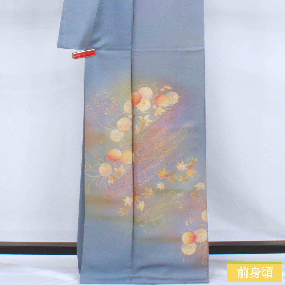 訪問着 正絹 Bランク 袷 身丈164.5cm 裄丈64cm 勿忘草色（わすれなぐさいろ） 付下げ 和田光正 金彩友禅 流水 草木 青系 1112007784417