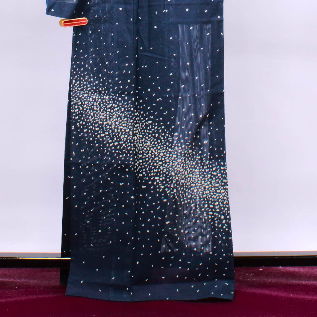 夏物 ポリエステル 訪問着 身丈166.5cm 裄丈66.5cm 韓藍色（からあいいろ）幾何学模様 絽 Aランク 紺系 1132000073518