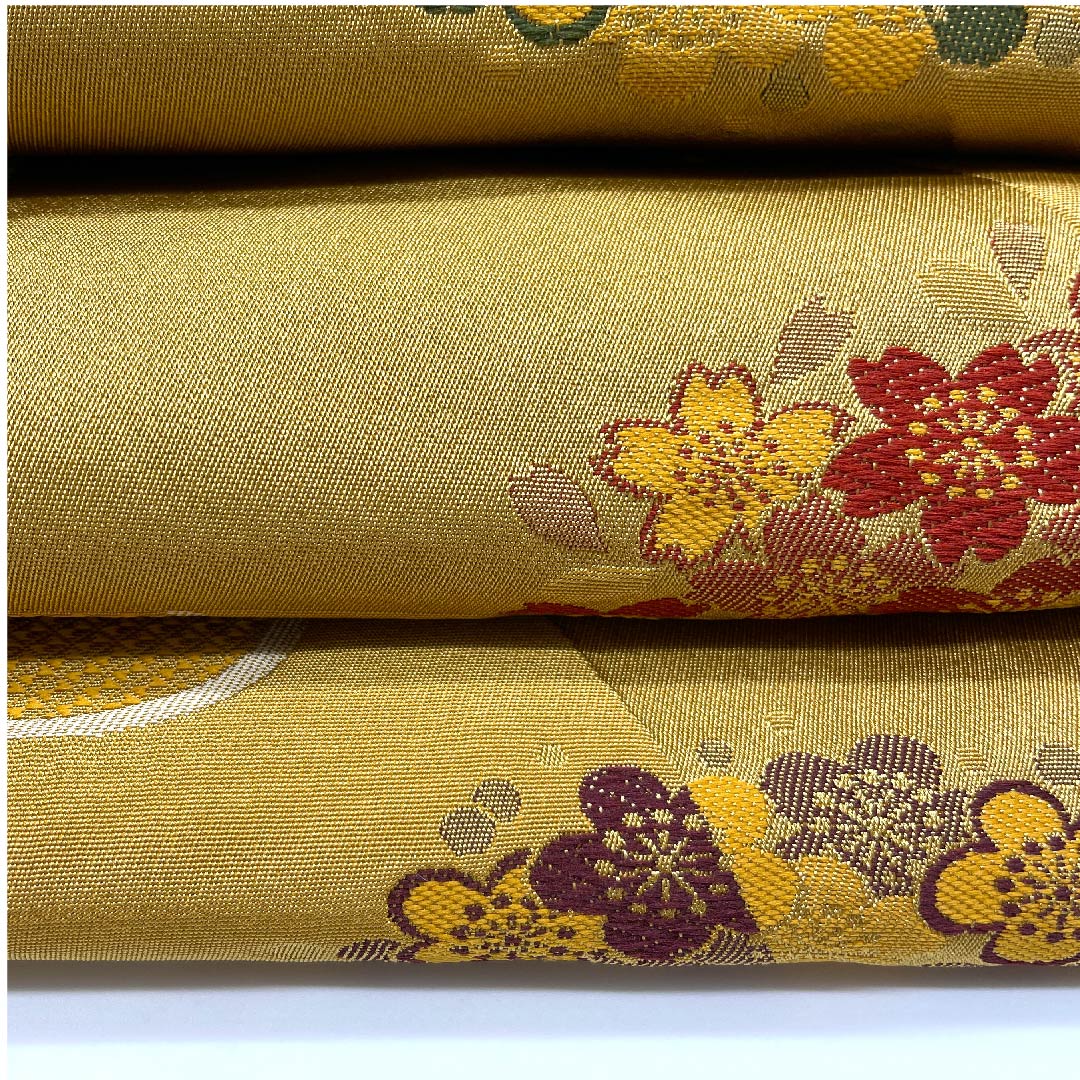 Nagoya obi, Kyobukuro obi, Umedani astringent color, cherry blossom, plum, checkered pattern, obi length 392cm, poly, A rank, full length, semi-formal, yellow, 1124003353323, open style