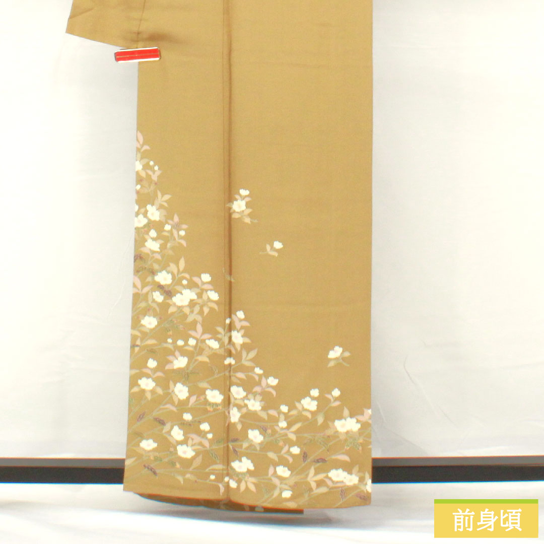 Homongi, pure silk, lined, length 159cm, sleeve length 62cm, yamamomoiro (Japanese plum color), Kyo-Yuzen, camellia, S rank, yellow, 1112005232323