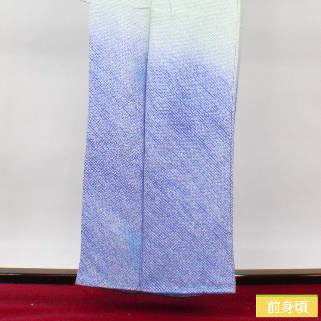 訪問着 正絹 袷 身丈159.5cm 裄丈64cm 藍白色（あいじろいろ） 総絞り 重ね衿付き Bランク 水色系 1112004824324