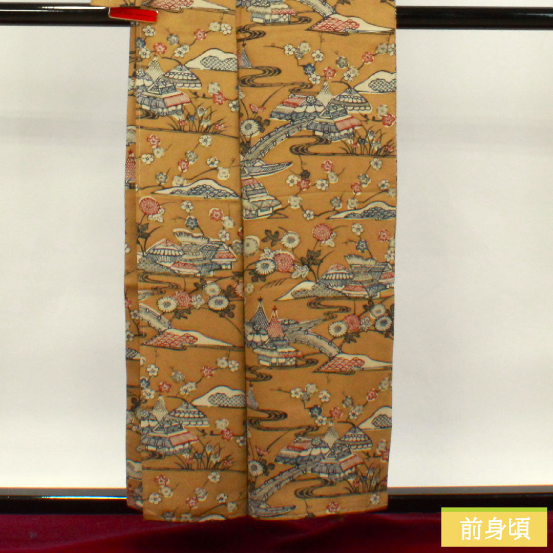 小紋 正絹 身丈154.5cm 裄丈67cm 袷  猟虎色 京紅型 茶屋辻 しつけ糸付き  Sランク 茶系 1115003702214