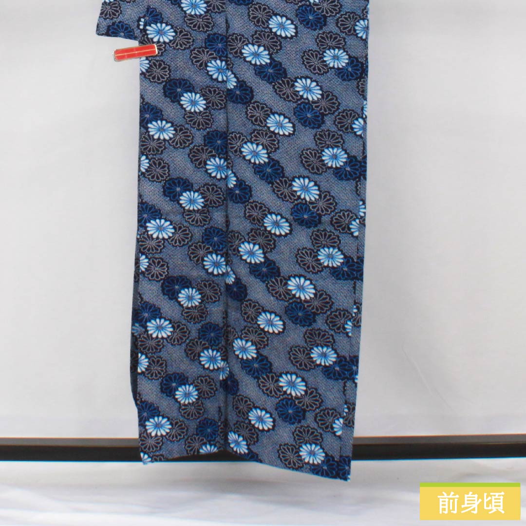 浴衣 木綿 身丈157cm 裄丈65cm Aランク 単衣 紺系 褐色（かちいろ） 菊 リップル 1118006473318