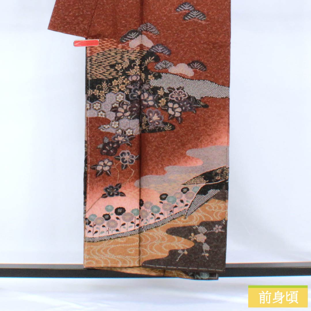 訪問着 正絹 Sランク 袷 身丈153cm 裄丈63cm 消炭色（けしずみいろ） 朱殷色（しゅあんいろ） 京友禅 絞り 銀通し 古典柄 マルチカラー 1112007702228