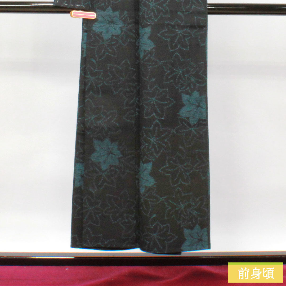 紬 正絹 身丈151.5cm 裄丈62cm  紅葉 Aランク 単衣 黒系 1116003153210