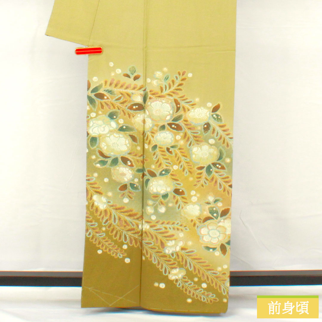 訪問着 正絹 袷 身丈162cm 裄丈62.5cm 薄柳色（うすやなぎいろ） 辻ヶ花 ちりめん地 重ね衿付き しつけ糸付き Sランク 緑系 1112005202419