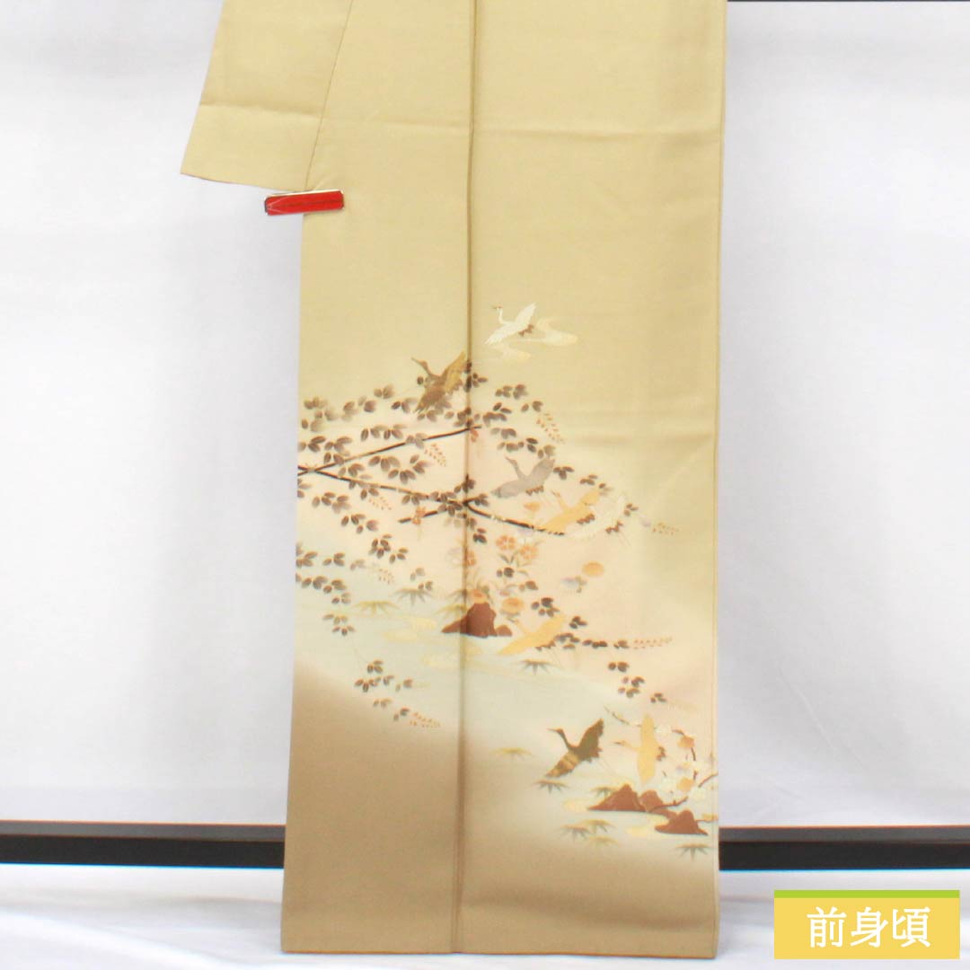 Visiting Kimono, Pure Silk, Rank B, Lined, Length 165.5cm, Sleeve Length 67cm, Pale Yellowish Brown, Gold Accents, Flowing Water and Crane Design, Yellowish Color, Product Number: 1112006904523
