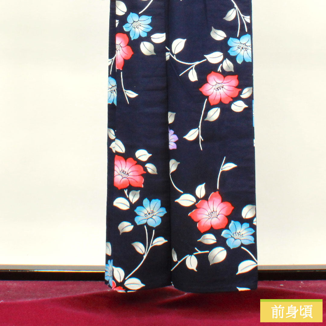 浴衣 木綿 身丈157cm 裄丈62.5cm Aランク 単衣 紺系 濃紺色（のうこんいろ） 椿 1118004593318