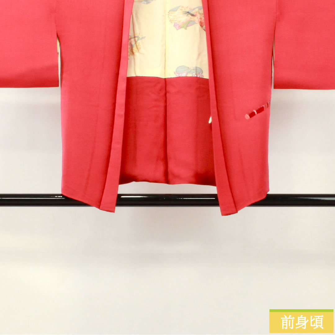 Haori (Japanese traditional coat) made of pure silk, length 74cm, sleeve length 61cm, crimson silk (momiiro), embroidery, A rank, lined, red, 1117000983912