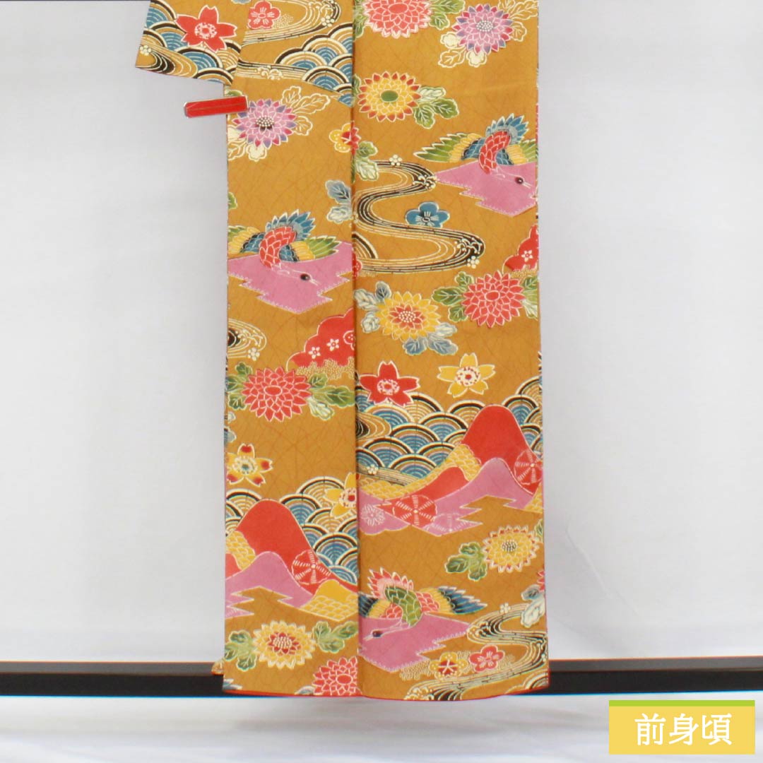 小紋 正絹 Sランク 身丈156cm 裄丈63.5cm 袷 狐色（きつねいろ） 京紅型 吉祥文様 橙系 1115006402326