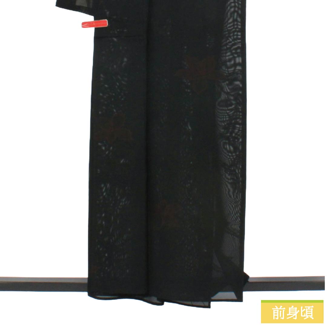 夏物 正絹 お召 Bランク 身丈158.5cm 裄丈65.5cm 草花模様 パールトーン加工 紗 黒系 1132004314310