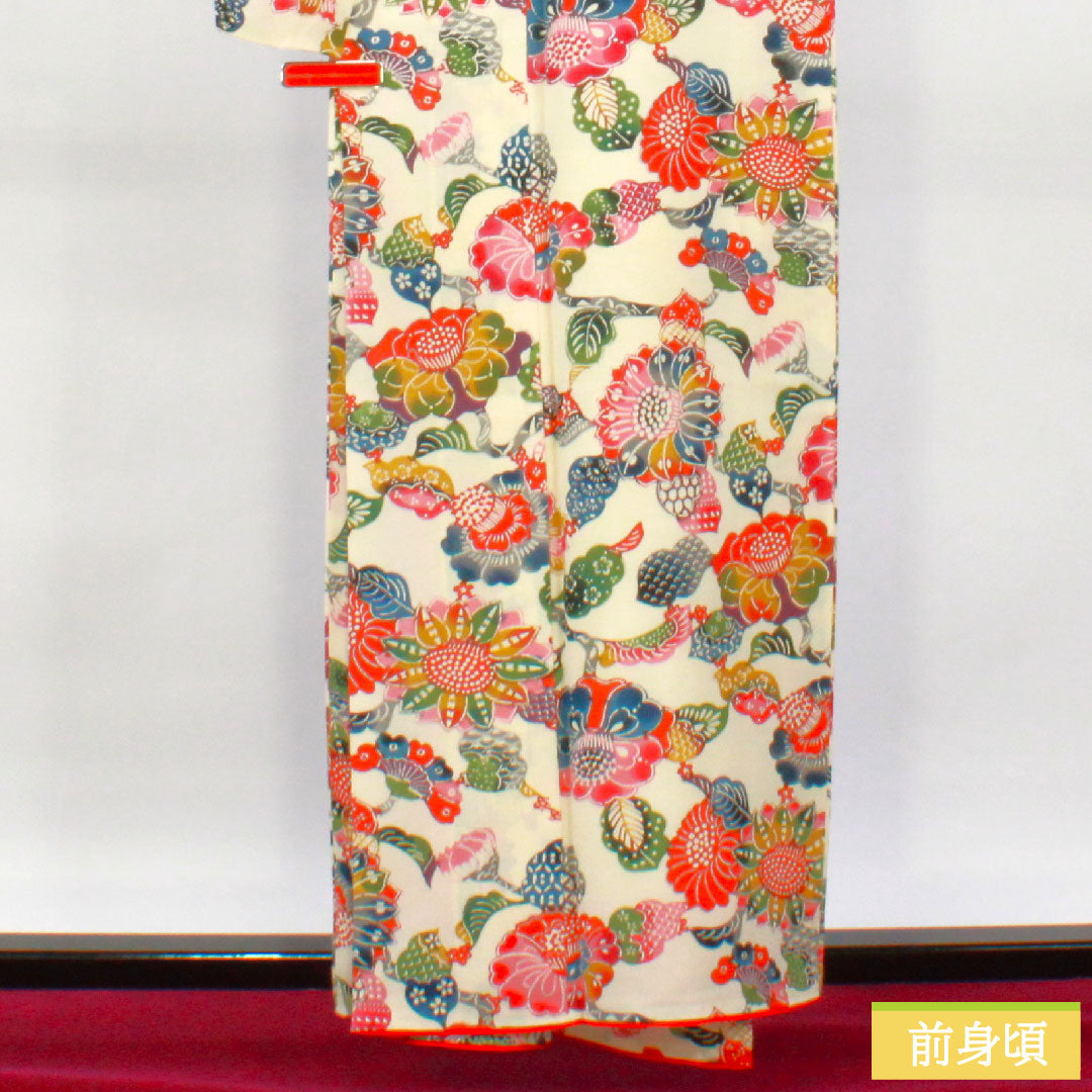 Komon, pure silk, length 158cm, sleeve length 62cm, lined, milky white, Kyoto Bingata, floral pattern, A rank, cream color, 1115004293315