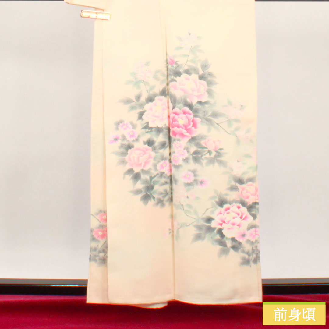 Homongi, pure silk, lined, length 159cm, sleeve length 65cm, hand-painted, floral pattern, artist's work, A rank, pink, 1112004553313