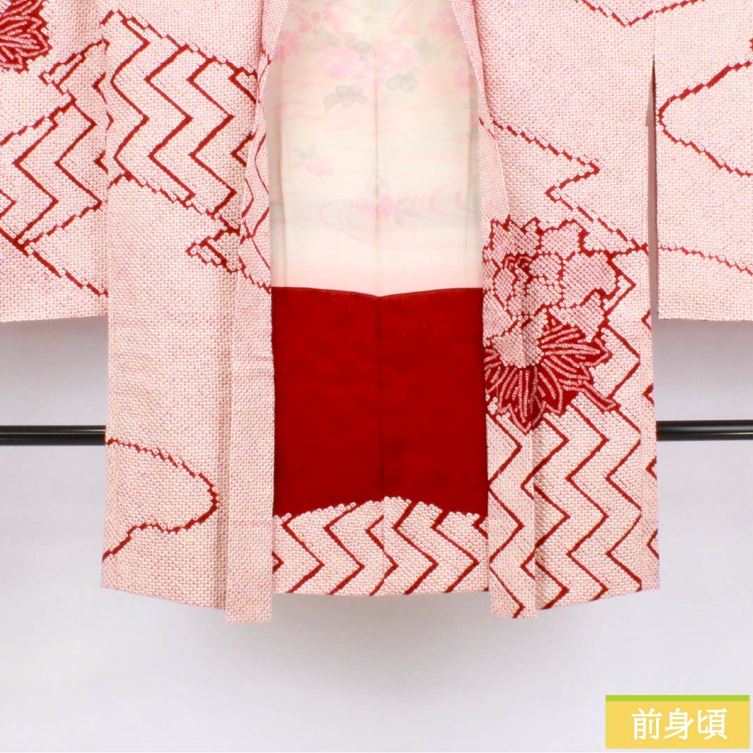 羽織 正絹 Sランク 身丈87cm 裄丈67cm 生臙脂色（しょうえんじいろ） 絞り 花 袷 赤系 1117001322912