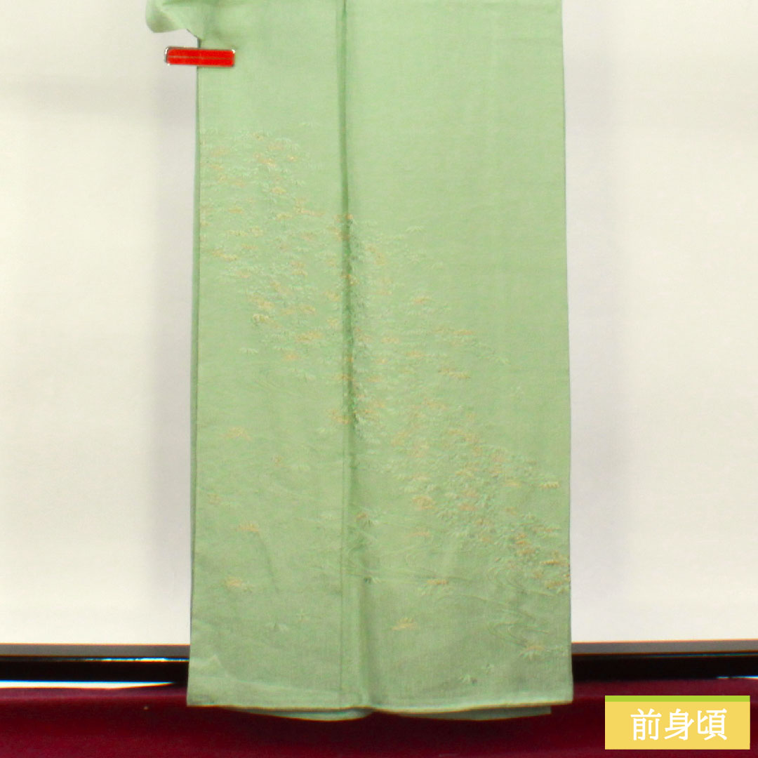 訪問着 正絹 袷 身丈159.5cm 裄丈66cm 裏葉色（うらはいろ） 蘇州刺繡 松 流水 しつけ糸付き 未使用品 Sランク 緑系 1112004172319
