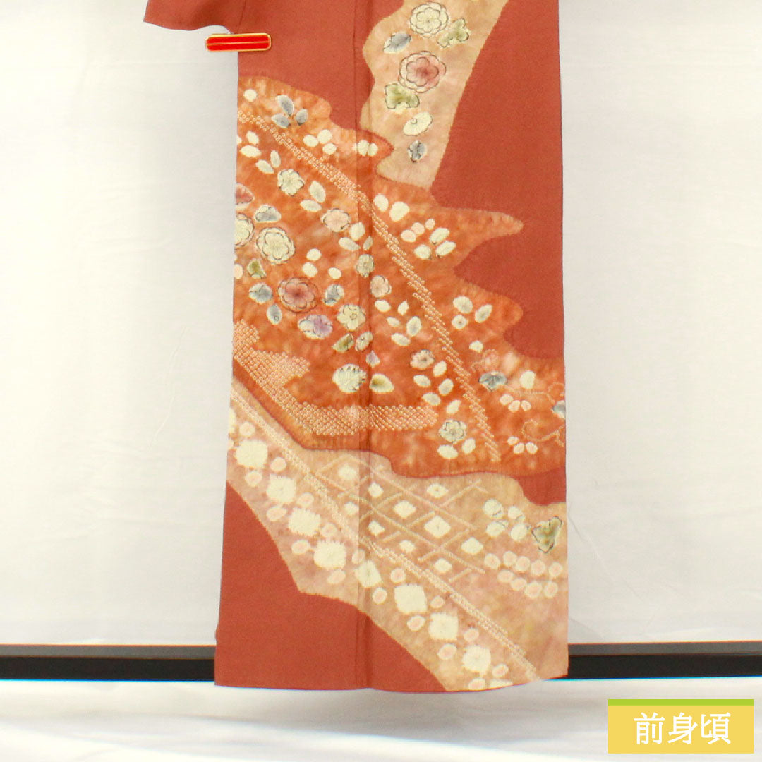 Homongi, pure silk, lined, length 154.5cm, sleeve length 62.5cm, sparrow color, Kyo-Yuzen, Tsujigahana, A rank, brown, 1112005273214