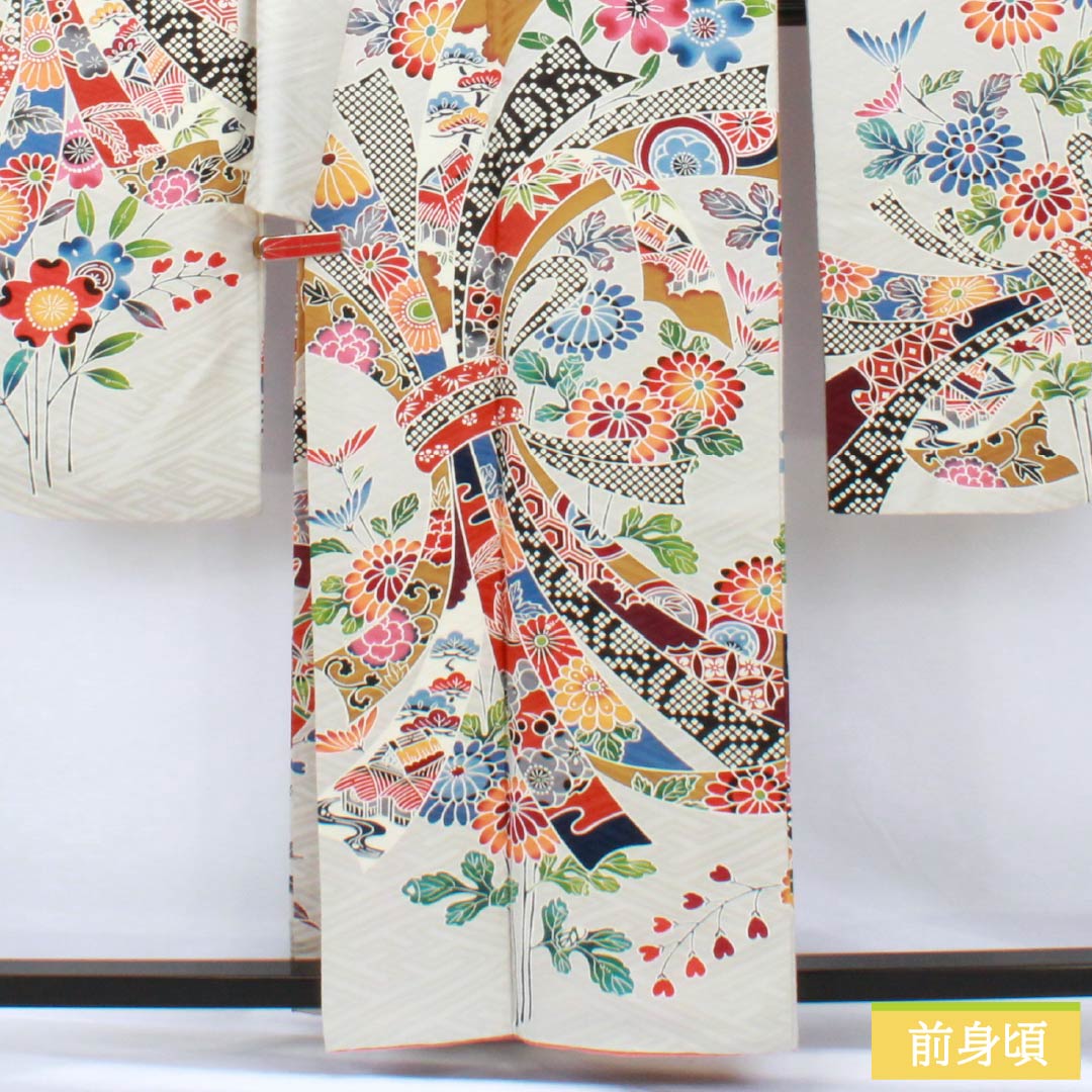 振袖 正絹 Sランク 身丈160.5cm 裄丈64cm 袷 銀白色（ぎんはくしょく） 京友禅 束ね熨斗 紗綾形 グレー系 1113002462422